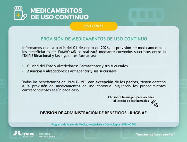 Comunicado emitido por la Dirección Administrativa de la entidad sobre la provisión de los medicamentos.