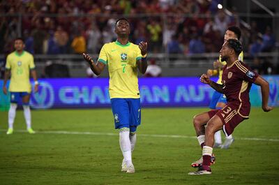 Brazil's forward #07 Vinicius Jr reacts after missing a penalty kick during the 2026 FIFA World Cup South American qualifiers football match between Venezuela and Brazil at the Monumental stadium in Maturin, Monagas State, Venezuela, on November 14, 2024. (Photo by Federico Parra / AFP)
