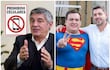 Luis Ramírez de cabello canoso y César Sosa en disfraz de Superman, ambos sonrientes, rodeados de un ambiente relajado al aire libre.