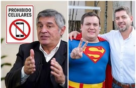 Luis Ramírez de cabello canoso y César Sosa en disfraz de Superman, ambos sonrientes, rodeados de un ambiente relajado al aire libre.