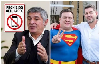 Luis Ramírez de cabello canoso y César Sosa en disfraz de Superman, ambos sonrientes, rodeados de un ambiente relajado al aire libre.