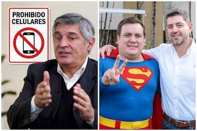 Luis Ramírez de cabello canoso y César Sosa en disfraz de Superman, ambos sonrientes, rodeados de un ambiente relajado al aire libre.