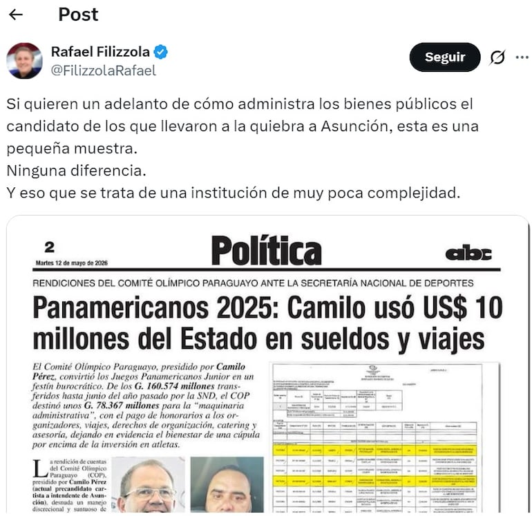 Publicación en redes sociales del Senador Rafael Fiilzzola (PDP) sobre los cuestionables gastos del titular del Comité Olímpico Paraguayo (COP) Camilo Benítez.