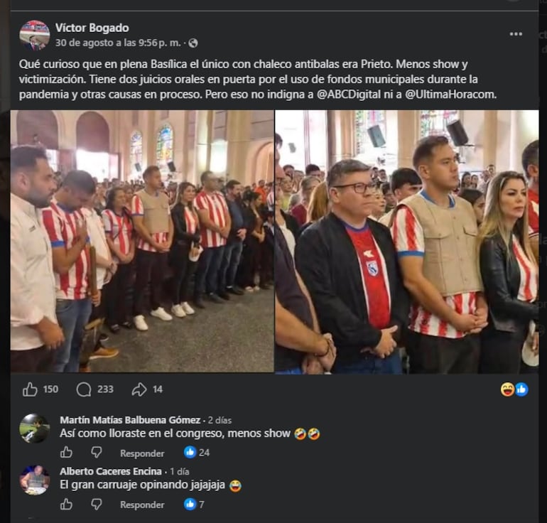 Publicación de Víctor Bogado contra Miguel Prieto.