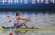 La remera paraguaya Alejandra Alonso en la Final D del remo individual femenino de los Juegos Olímpicos París 2024 en el Vaires-sur-Marne Nautical Centre, en Vaires-sur-Marne, Francia.