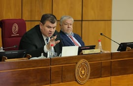 El senador Dionisio Amarilla junto al titular del IPS, Jorge Brítez, hoy en el Congreso.