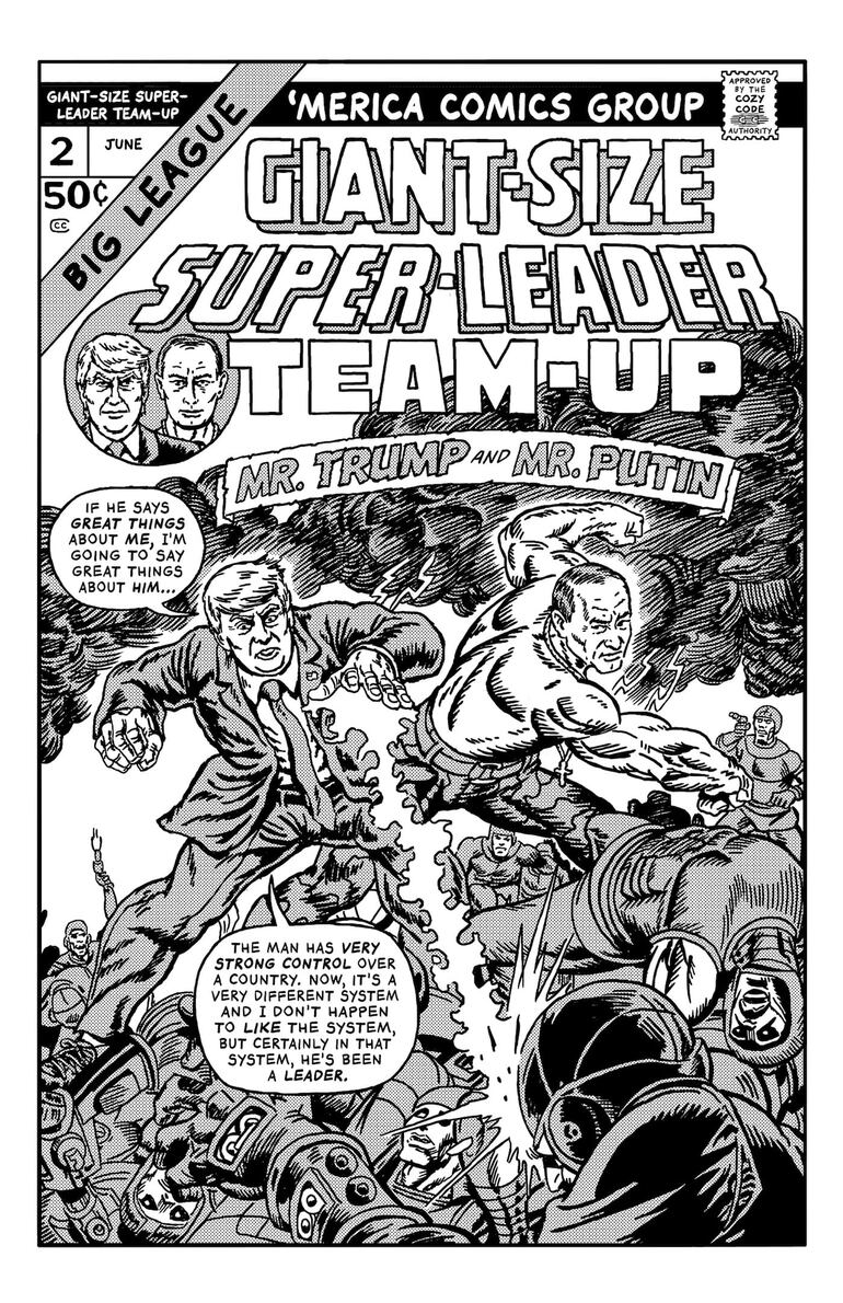 Cómic de R. Sikoryak, al estilo de Gil Kane, de su serie "Unquotable Trump"
