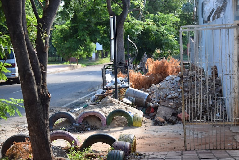 Escombros y restos de ramas dificultan el paso sobre la vereda frente a la escuela Monseñor Ángel Nicolás Acha.