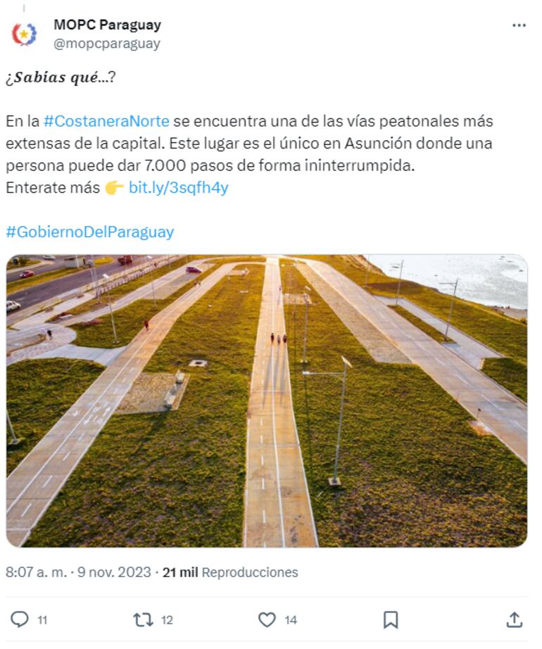 Tweet del MOPC donde habla de hito en metros cuadrados para caminar y lo critican.