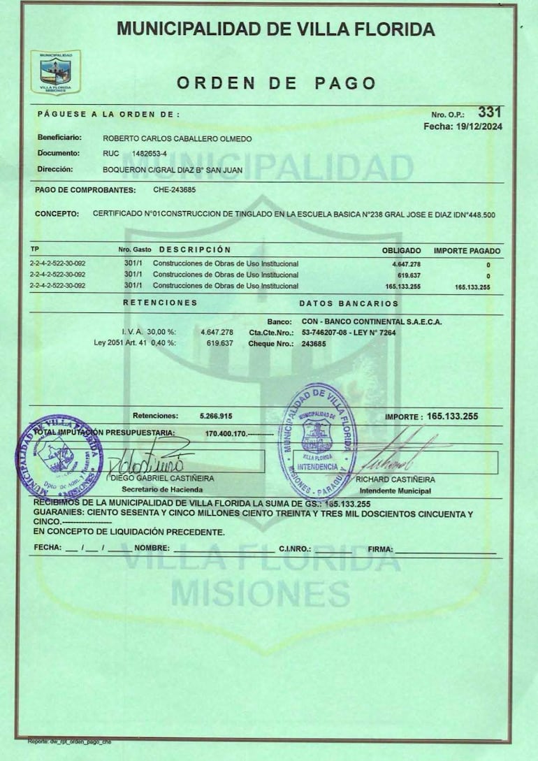 Orden de pago oficial de la Municipalidad de Villa Florida con detalles sobre el beneficiario y el certificado de obra.
