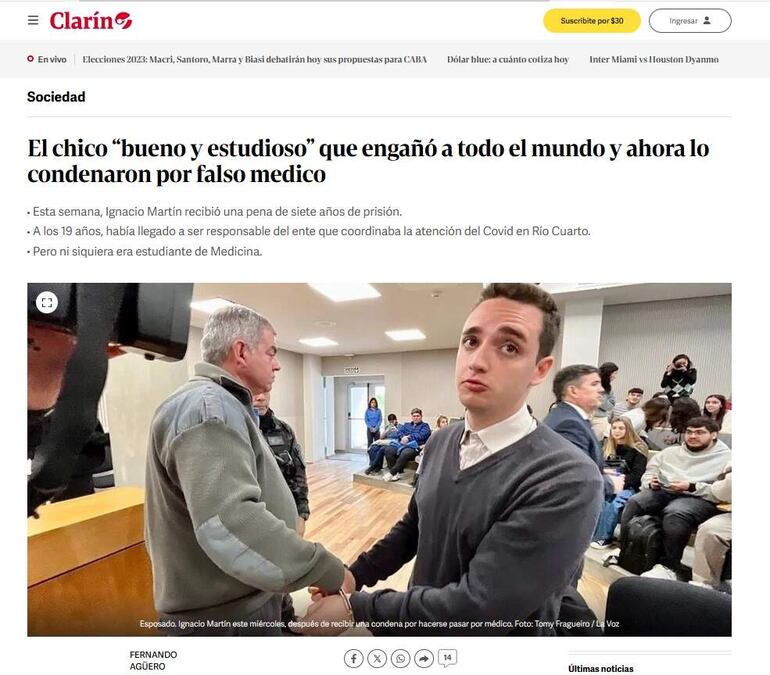 Publicación dle diario Clarín que se hizo eco de la condena a un “falso médico” en la Argentina.