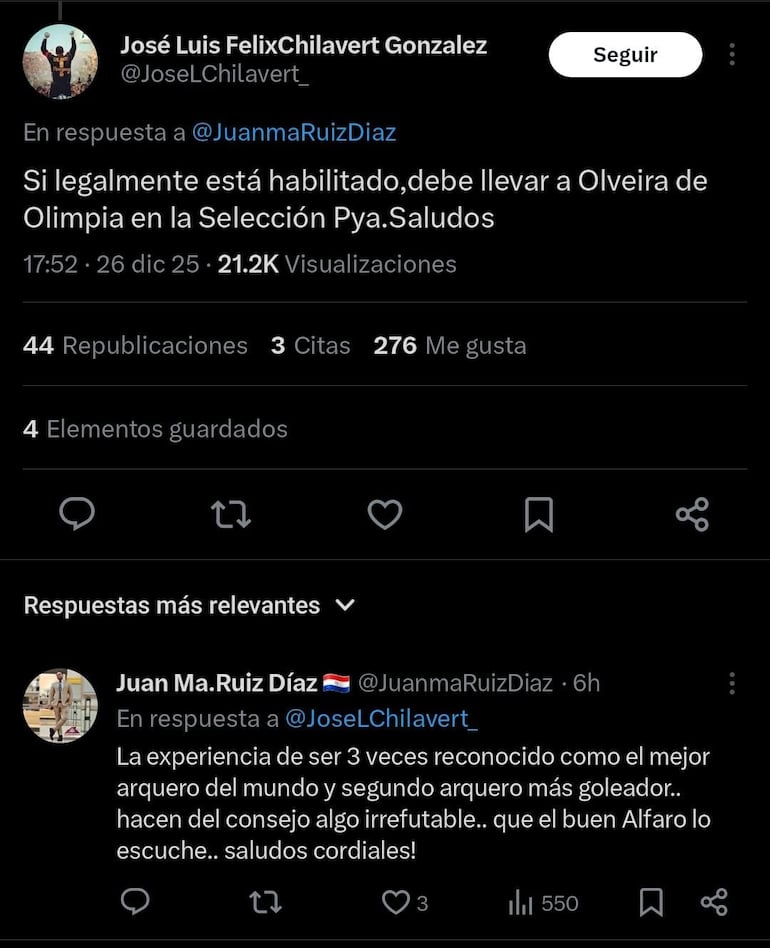 La respuesta de José Luis Chilavert a un usuario de la cuenta X.