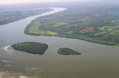 Vista aérea del río Paraná rodeado de vegetación, con islotes visibles en un entorno natural sin presencia humana.