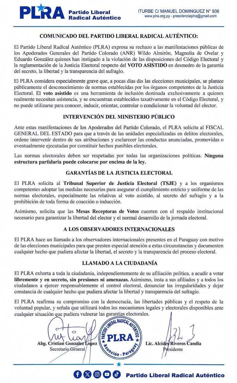 Comunicado del PLRA.