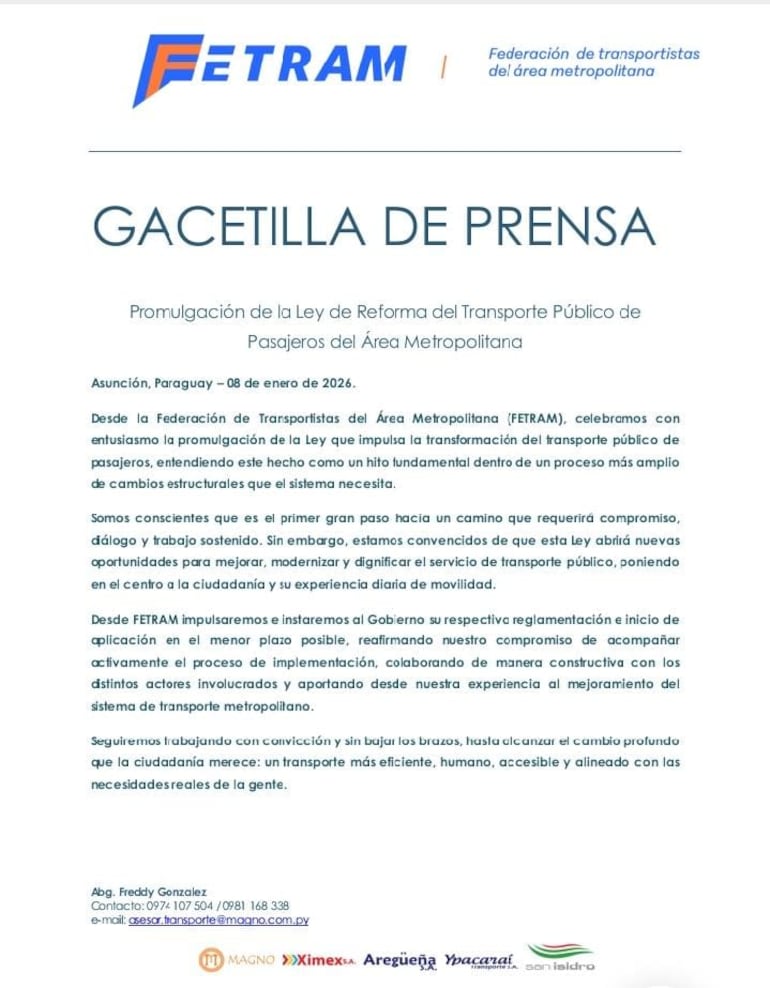 Comunicado de Fetram en el que celebran la promulgación de la ley de reforma del transporte público e instan a su reglamentación e implementación en el menor plazo de tiempo posible.