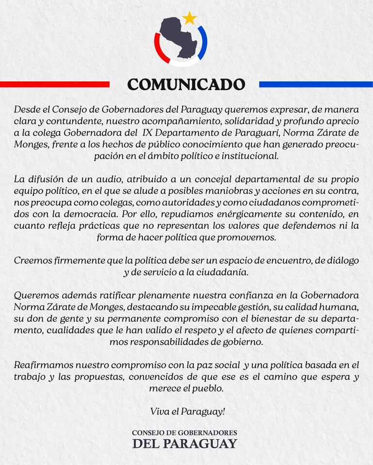 Comunicado del Consejo de Gobernadores del Paraguay.