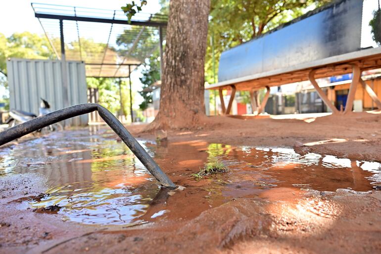 El caño roto derrocha litros de preciada agua potable y embarra un importante sector del Paseo Quinta Avenida.