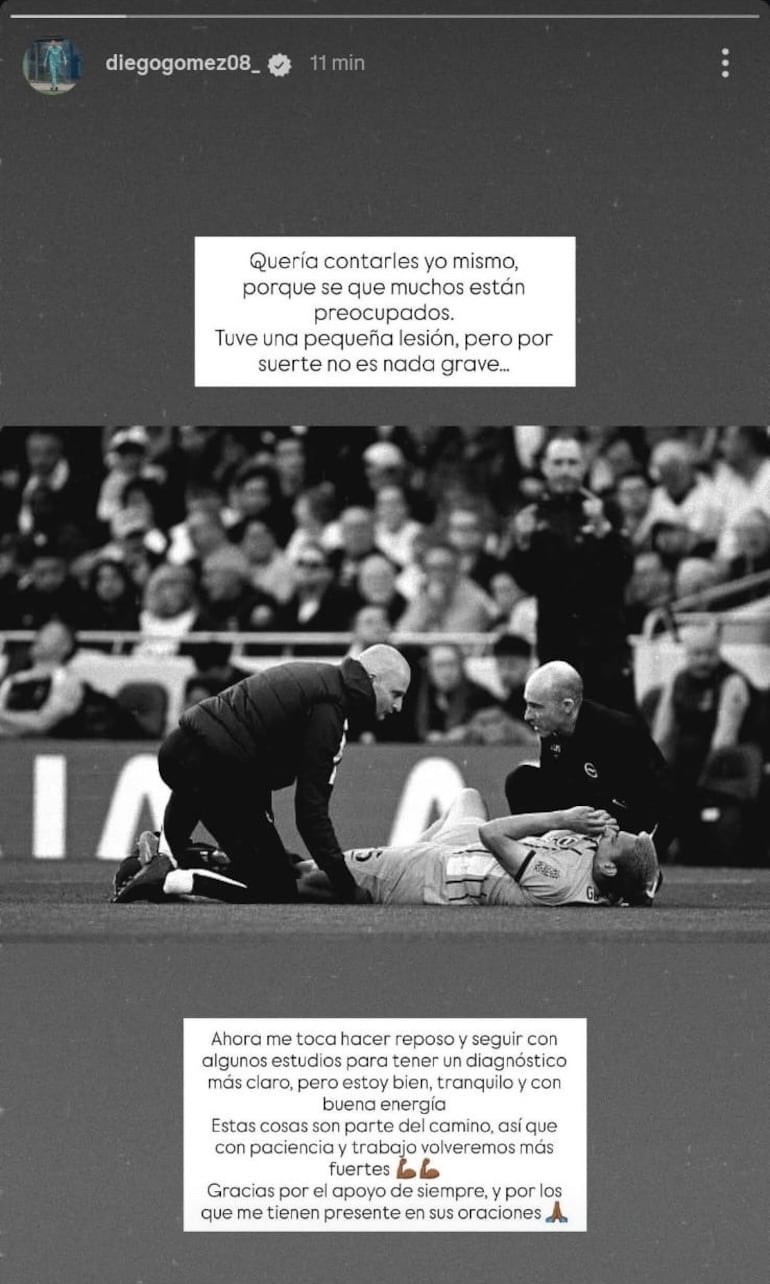 Diego Gómez reveló que la lesión que sufrió en la rodilla izquierda "no es grave".