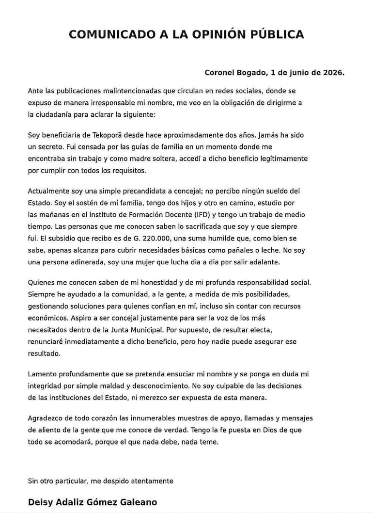 Comunicado de una beneficiaria del programa Tekoporã, fechado el 1 de junio de 2026, aclarando su situación social.