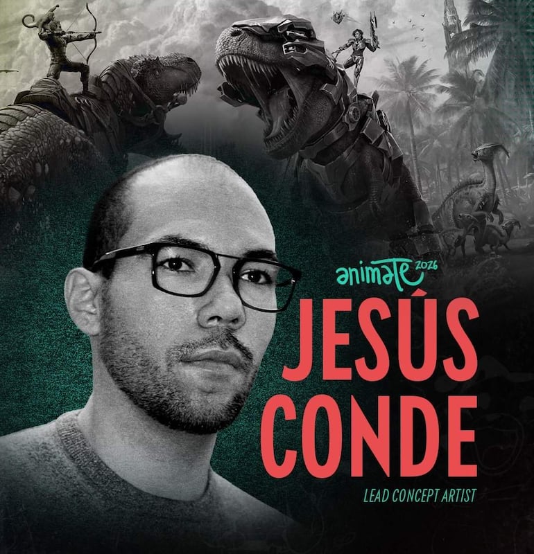 Jesús Conde con gafas y cabello corto, en medio de ilustraciones de dinosaurios en un ambiente artístico y vibrante.