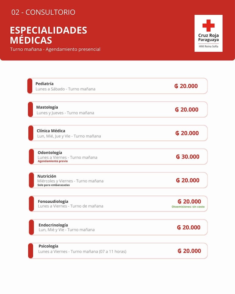 Listado de especialidades médicas en fondo rojo, con detalles de aranceles y horarios en texto claro, sin personas visibles.