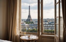 La torre Eiffel vista de un hotel, Paris.