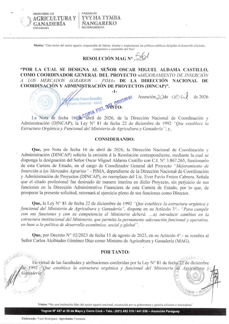 Documento oficial del Ministerio de Agricultura de Paraguay con texto sobre designación de Oscar Miguel Aldama Castillo.