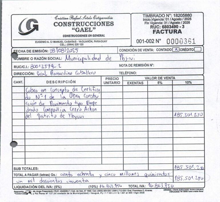 La factura por G. 185.501.250 corresponde a la construcción de un empedrado en la compañía Cerro Achón de Ybycuí.