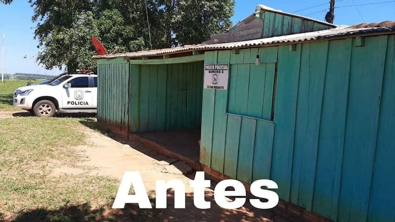 Puesto policial verde en Naranjito con césped al frente y vehículo policial a la izquierda. Signo indica 'Antes'.