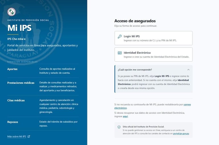 Interfaz gráfica del portal 'Mi IPS' con opciones de acceso y texto sobre servicios de salud para asegurados en tonos azules y blancos.