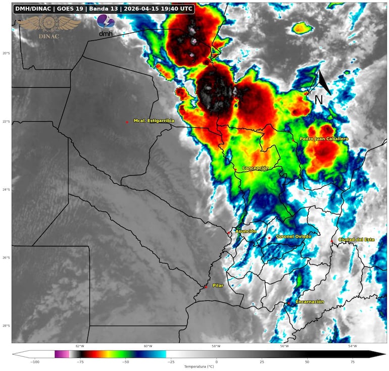 Mapa satelital de la DMH con datos de temperatura en Paraguay, sin personas presentes ni emociones visibles.
