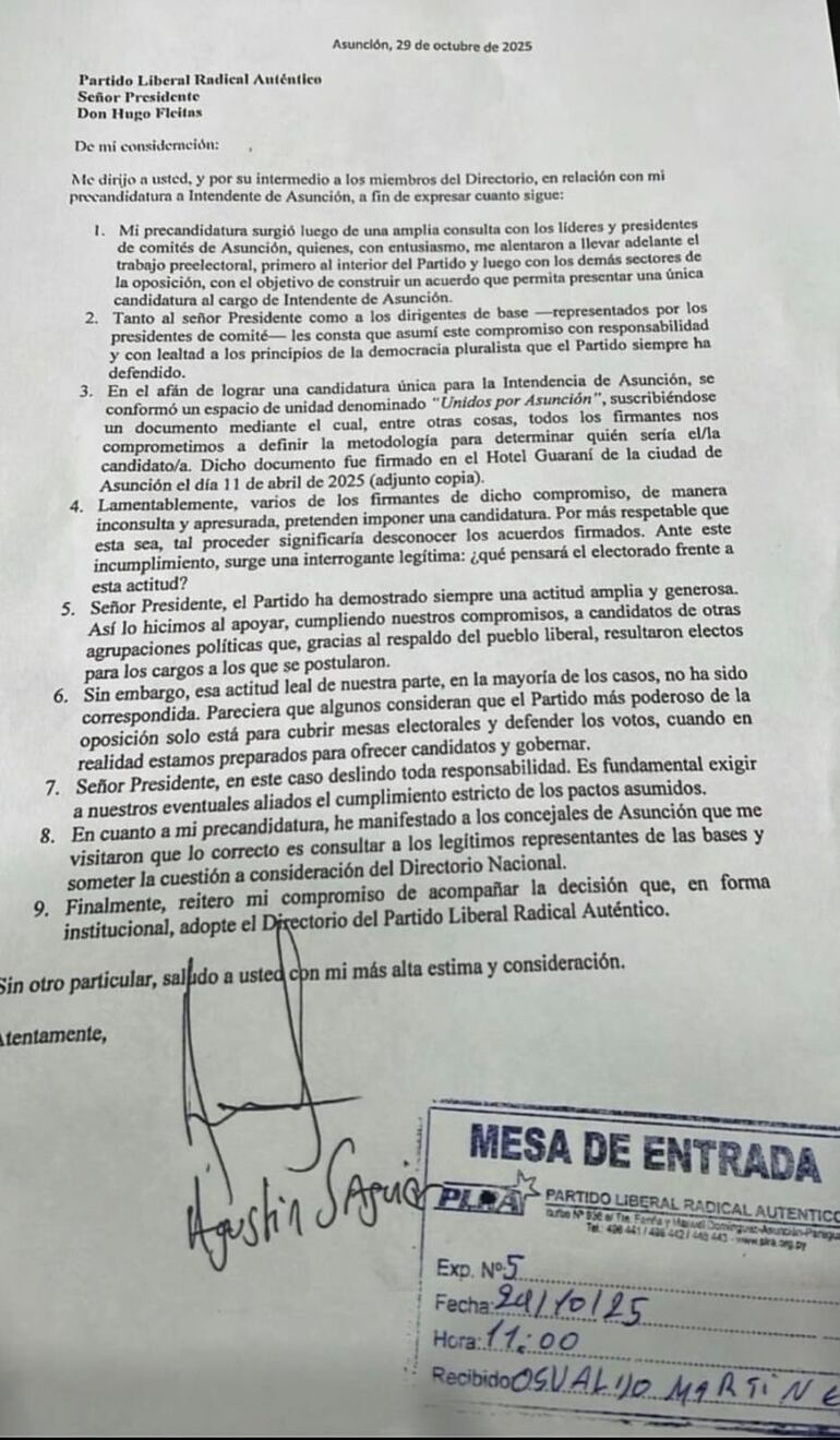 Nota de Agustín Saguier al presidente del PLRA, Hugo Fleitas.