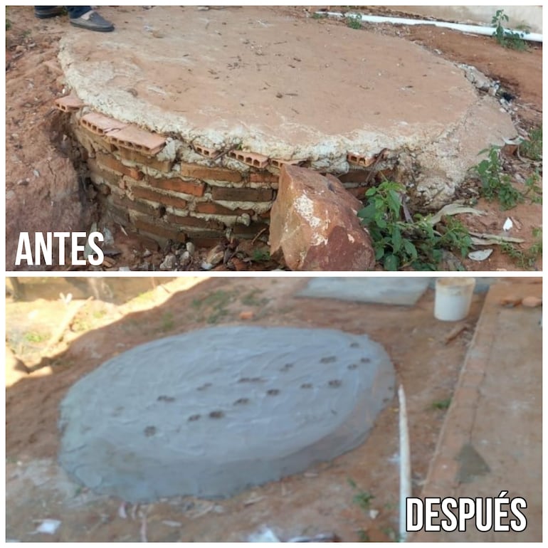 Los denunciantes sostienen que tras verificar obras se realizaron “parches” como el caso de esto pozo ciego, con cemento fresco.