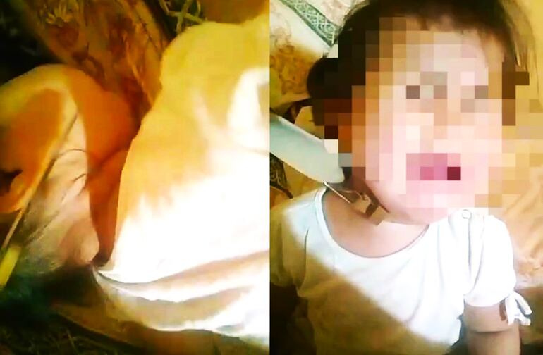 Se observa que en una parte la madre supuestamente le aprieta con un cuchillo en el cuello a la beba. En un segundo video le pone un cinto por el cuello a la menor.