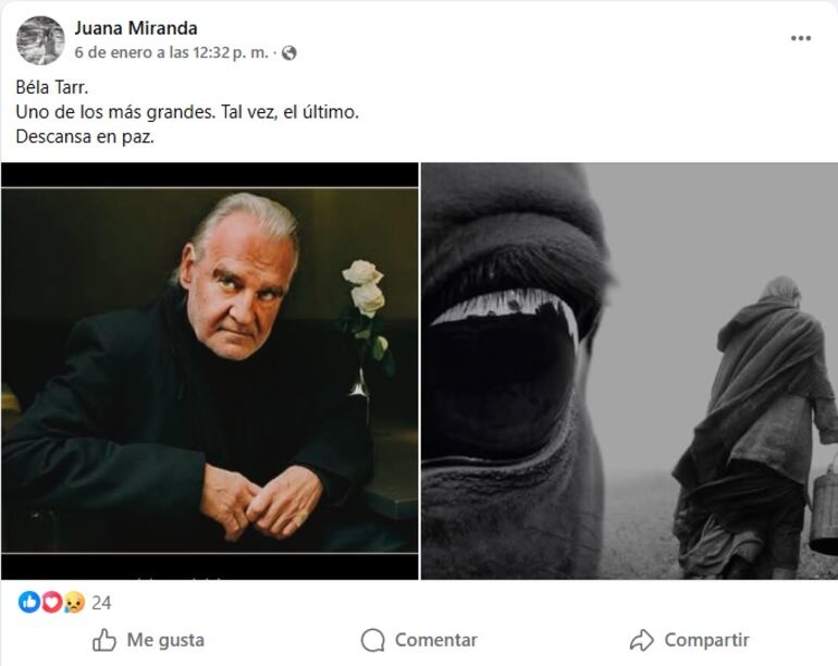 Juana Miranda: “Béla Tarr. Uno de los más grandes. Tal vez, el último. Descansa en paz”.