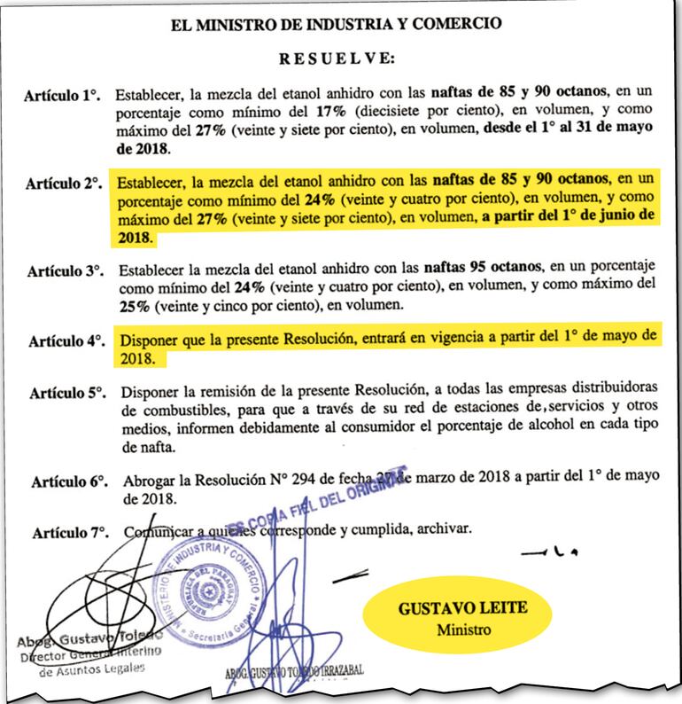 Parte de la resolución firmada por el ahora senador Leite cuando era ministro de Industria y estableció el aumento de mezcla de etanol en los combustibles.