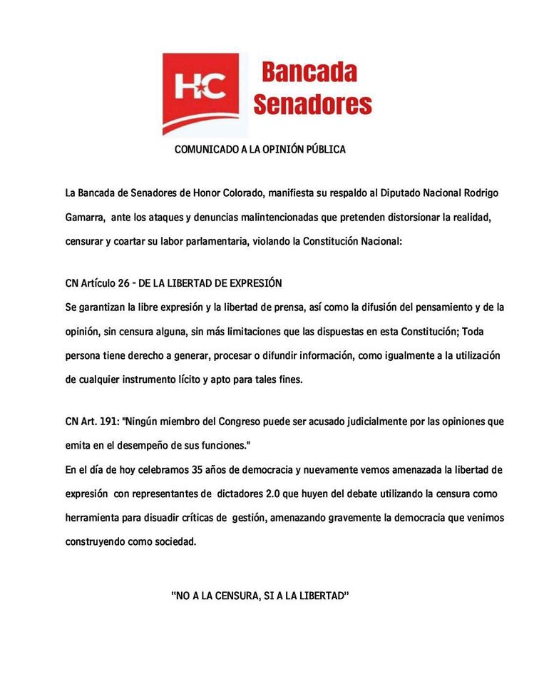 Comunicado de la bancada Senadores de Honor Colorado sobre caso de Rodrigo Gamarra en el que hacen uso a conveniencia de la libertad de expresión luego de que el diputado sea denunciado por violencia hacia la mujer por sus expresiones en redes sociales.