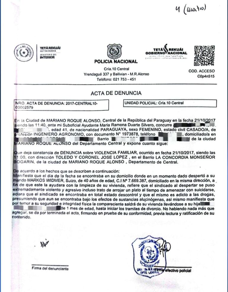 La denuncia presentada por la mujer, entonces esposa, de Alexis Markus Widmer en octubre de 2017, que derivó en el proceso por violencia familiar.