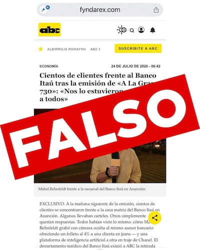 Encabezado 'FALSO' sobre evento financiero, texto relacionado con concentración de clientes frente al Banco Itaú.