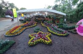 La entrada a la expoferia se engalana con un arco de flores que recibe con encanto a cada visitante.