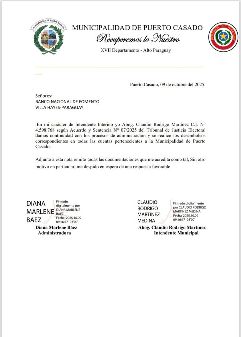 Nota que el concejal Martínez supuestamente remitió al BNF.