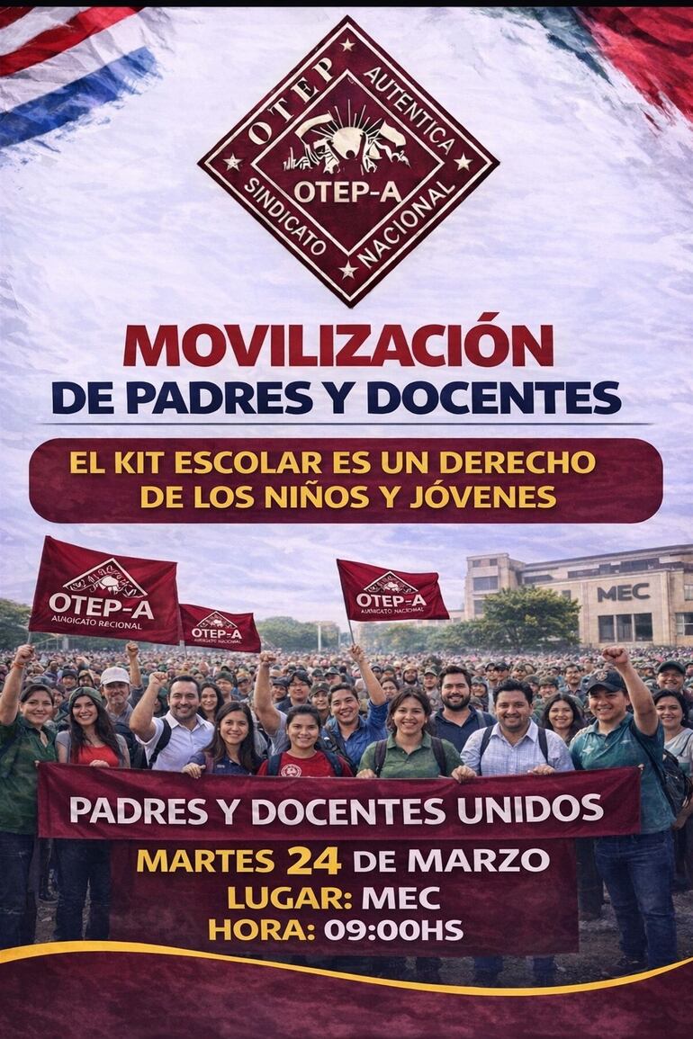 Convocatoria de la Otep-Auténtica frente al MEC, para una protesta por la falta de útiles escolares.