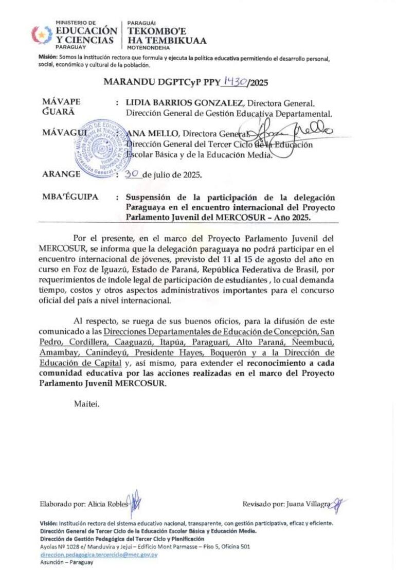 El comunicado emitido por el MEC truncó la ilusión de los estudiantes de participar del Parlamento Juvenil del MERCOSUR en Brasil.