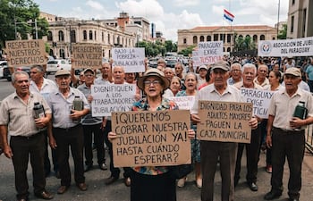 Mujer con sombrero y ropa colorida lidera protesta, rodeada de jubilados que sostienen carteles en un ambiente de calle con edificios históricos.