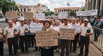 Mujer con sombrero y ropa colorida lidera protesta, rodeada de jubilados que sostienen carteles en un ambiente de calle con edificios históricos.