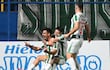 Rodrigo Ruiz Díaz celebra su gol junto a Cristian Núñez y Pedro Álvarez.