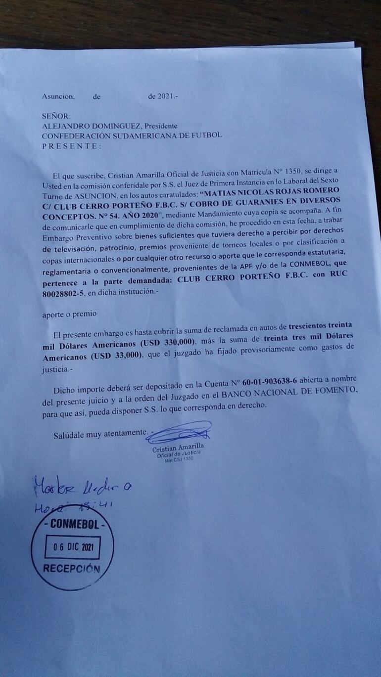 Nota del embargo que recibió la Conmebol
