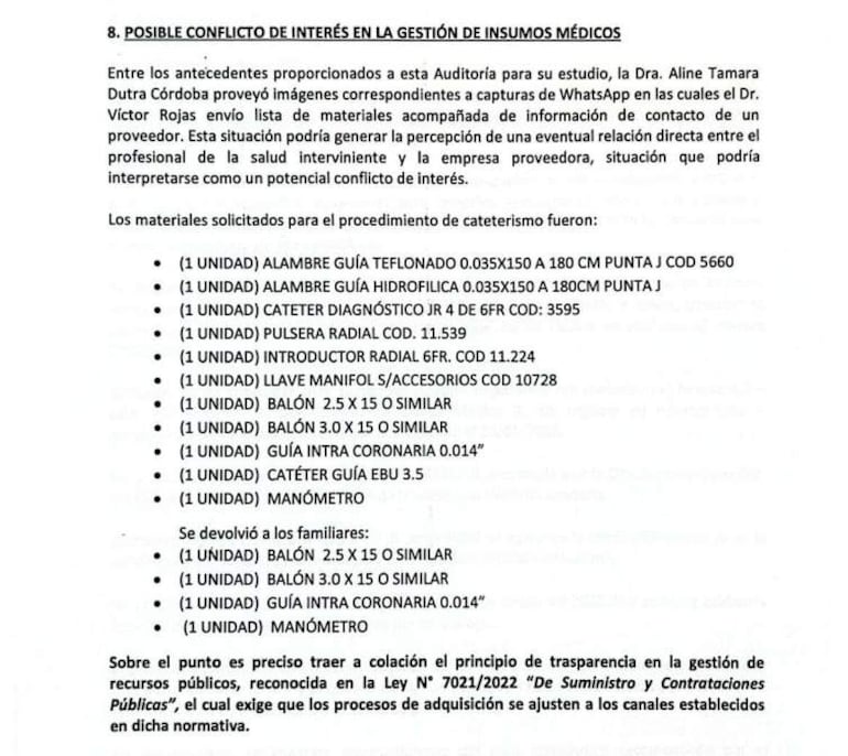 Documento formal que expone posible conflicto de interés en insumos médicos, sin personas visibles ni elementos gráficos destacados.