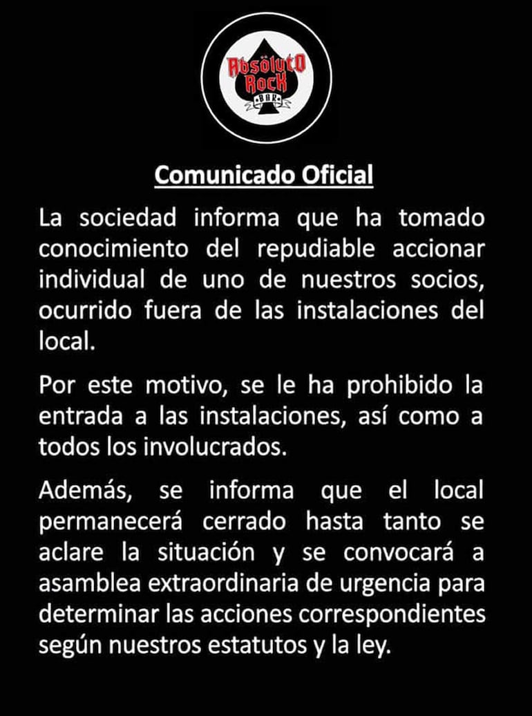 Cominicado oficial de ABSOLUTO ROCK por agresion a niño. Foto sacada de X Twitter @AbsolutoRockBar. Judiciales 17-02-2026