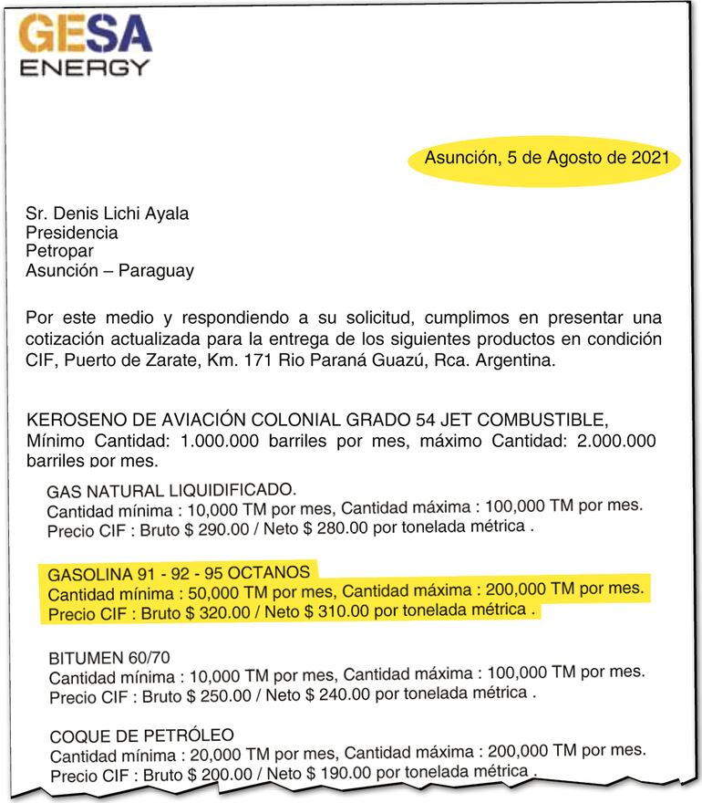 Carta oferta remitida el 5 de agosto de 2021 por GESA Energy al entonces presidente de la petrolera estatal, Denis Lichi.